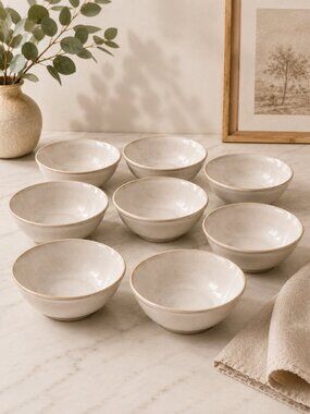 8x DENBY Stoneware Bowls Cereal Soup Linen Oatmeal England 6.5"